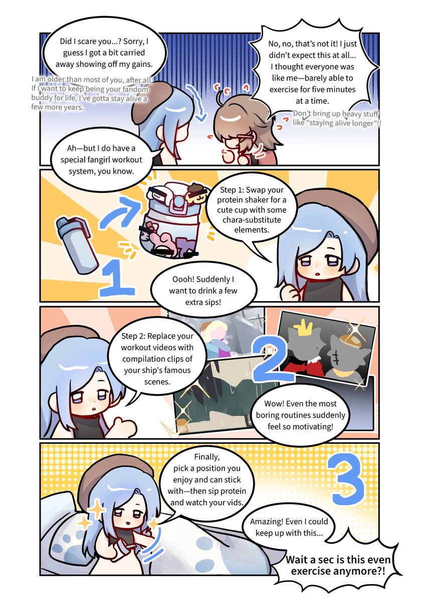 SenseiMuch38988's tweet image. "Ah—but I do have a special fangirl workout system, you know."
Sensei! I Like You So Much! Official Four-Panel Comic
- Blanche Chapter
"Something She Wanted to Show Me after the Con" & "Exercising Way for Fangirls"
#Senseisuki #indiegame #Steam #IndieGameDev #fandom