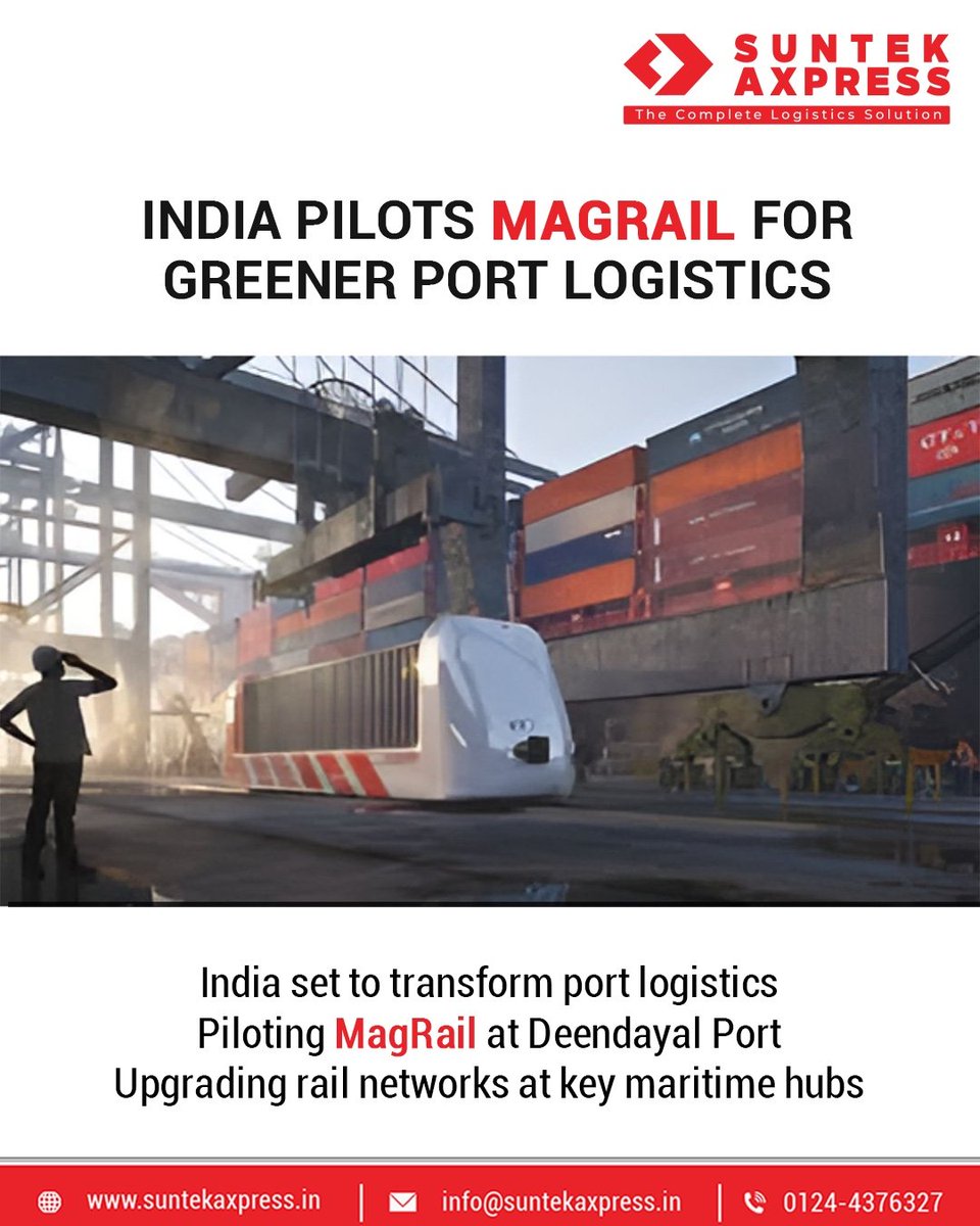 Suntek_Axpress's tweet image. Future of freight is here! ⚙️

🇮🇳 India pilots MagRail tech to upgrade port logistics at Deendayal Port.

#suntekaxpress #logistics
#techInTransit #PortRevolution #MagRailIndia