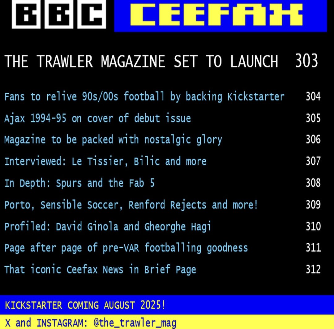 the_trawler_mag's tweet image. Finally made it to Ceefax page 302! Seriously, spent so many hours following footballer on there in the 90s. #ceefax #90sfootball #followthetrawler