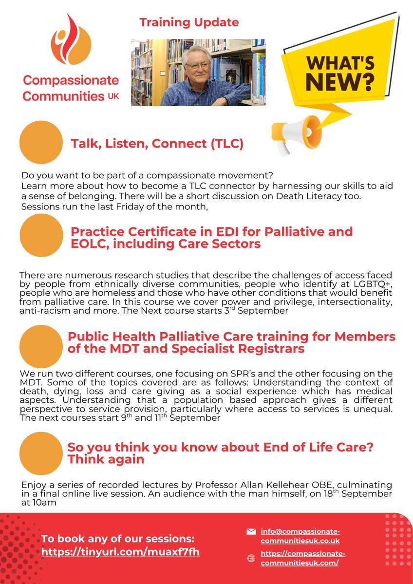 We have lots of courses &amp; learning opportunities coming up.   

Everything from TLC, to EDI, PHPC for MDT and SpR and a lecture series culminating in a live session with Professor Allan Kellehear OBE.  

For more info: tinyurl.com/4uz68tuw 

#AllanKellehear #EDI #PHPC #EOLC