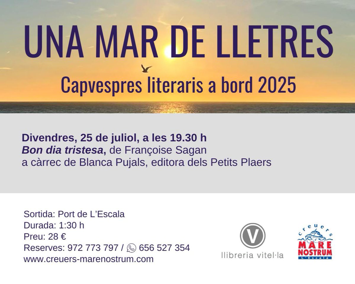 Llibreria Vitel·la (@llibreriavitela) on Twitter photo i escoltarem i parlarem amb <a href="/blancapujals/">Blanca Pujals</a>, l’editora de “Bon dia, tristesa”, de Françoise Sagan #PetitsPlaers <a href="/Viena_Edicions/">Viena Edicions</a>
Bon dia! Com sempre, obrim a 2/4 de 10! 📚🌊
PS: Encara queden passatges 👇 i escoltarem i parlarem amb <a href="/blancapujals/">Blanca Pujals</a>, l’editora de “Bon dia, tristesa”, de Françoise Sagan #PetitsPlaers <a href="/Viena_Edicions/">Viena Edicions</a>
Bon dia! Com sempre, obrim a 2/4 de 10! 📚🌊
PS: Encara queden passatges 👇