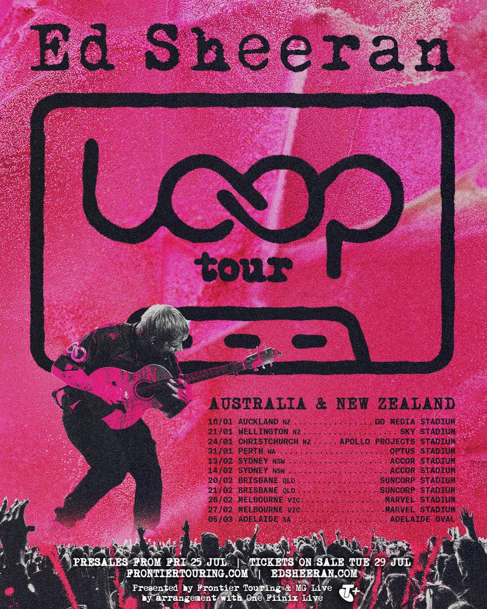 edsheeran's tweet image. Australia & New Zealand tour 2026! 🚨
Ed's kicking off his new LOOP tour at the start of the year. Tickets on sale next Tuesday 29th July ♾️
edsheeran.com/#tour