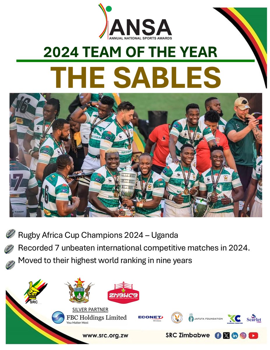 ZimbabweSrc's tweet image. CELEBRATING OUR CHAMPIONS
Each Tuesday, we celebrate our 2024 ANSA winners. This week, we celebrate the Team of the Year. They went through the year undefeated and lifted the Rugby Africa Cup, setting the tone for what was to come.
We celebrate The Sables.