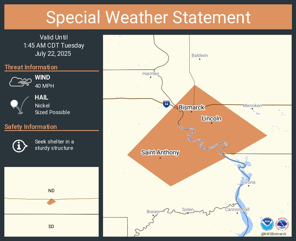 NWSBismarck's tweet image. A special weather statement has been issued for Bismarck ND, Lincoln ND and Saint Anthony ND until 1:45 AM CDT