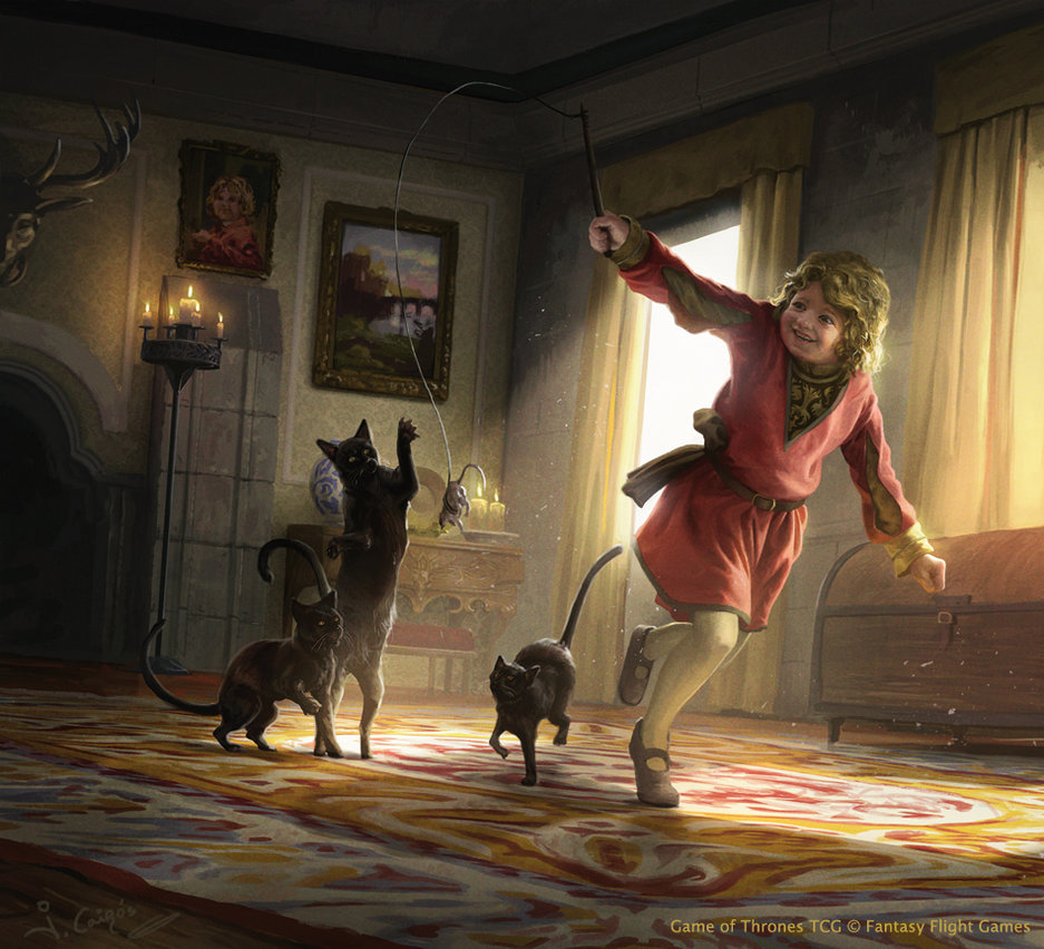 ASOIAFQuotesGOT's tweet image. Tommen had never been more precious to her than he was that morning, chattering about his kittens as he dribbled honey onto a chunk of hot black bread fresh from the ovens. “Ser Pounce caught a mouse,” he told her, “but Lady Whiskers stole it from him.”
Cersei Lannister