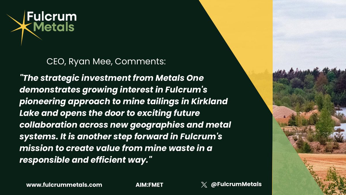 #FMET CEO <a href="/1ryanmee/">Ryan Mee</a> comments 💬

“The strategic investment from Metals One demonstrates growing interest in Fulcrum's pioneering approach to mine tailings in Kirkland Lake and opens the door to exciting future collaboration across new geographies and metal systems.”

🔗