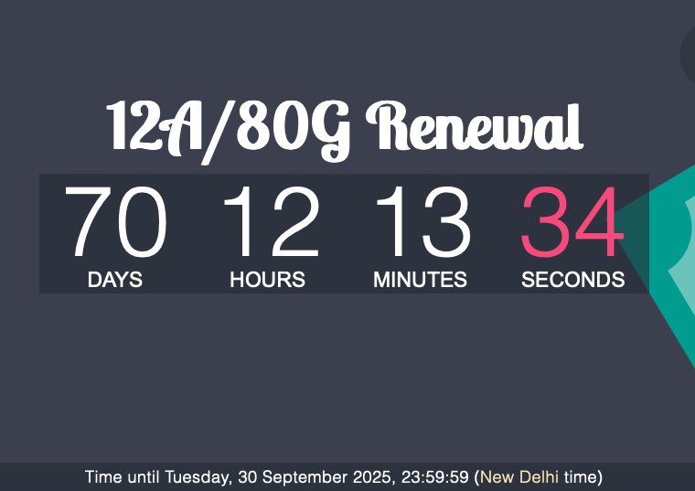 #TAX | Please check if your 12A/80G renewal is expiring in AY 26-27 (that means 31-March-2026). If yes, you must apply in form 10AB latest by 30-Sep-2025.