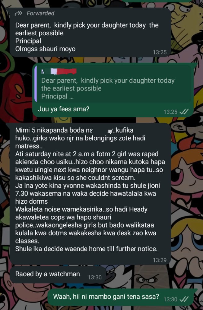 NjeriWaMigwi's tweet photo. Several people reached out to us regarding the closure of Our Lady of Mercy Girls Secondary School in Shauri Moyo yesterday at 4am 

From what we could ascertain the parents were called to pick up their girls after the school was closed abruptly at 4am. The school didn't first say what happened.

It is alleged a form two girl was raped at night in the school dormitory toilets by a man holding a knife. The girl went back screaming and alerted the others, the school matron took her away and possibly to hospital. The rest of the school refused to sleep in the dormitories and opted to stay in class. The school authorities demanded they go back to sleep and when the students refused, police were called in to speak to them and silence them regarding what happened. The girls said they would strike and they were told the school would be closed indefinitely.

What has made many parents angry as well is the mother of the student who was raped came to school and left her daughter in the same school after meeting the administration.

We called the school to ascertain the facts and offer our help. The school declined and said the matter was with the ministry officials and the police.

Schools are supposed to be a safe place but lately we have so many cases of sexual abuse, grooming and assault. Schools should be accountable for the students in their care, enforcing silencing students when something happens to them is complicity.

We are asking the Ministry of Education to ensure that this matter is investigated and the affected student is safe and not stigmatized. That the dormitory washrooms should be rendered safe before the students can report back to school.

#usikimye