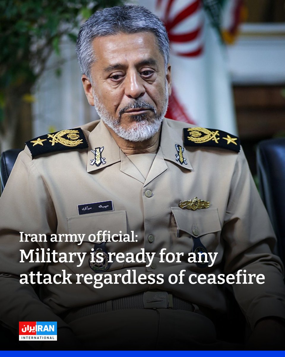 IranIntl_En's tweet image. Iran’s military is ready to respond to any attack, whether or not the ceasefire with Israel holds, Habibollah Sayyari, the army’s coordinating deputy, said on Tuesday.
“We are soldiers. Our job is to stay ready,” Sayyari told the state media. “It’s up to politicians to talk…