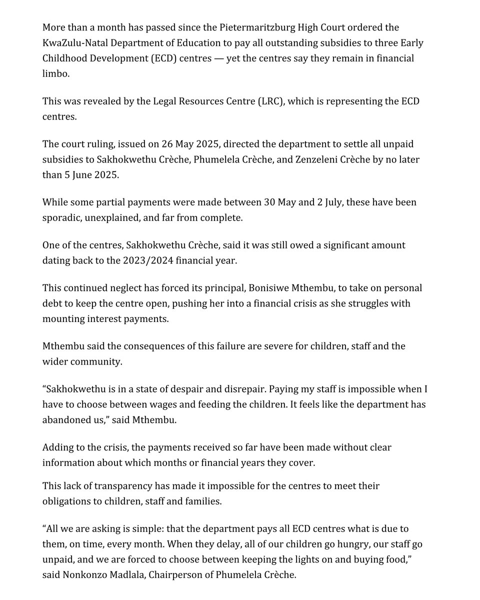LRCSouthAfrica's tweet image. More than a month after the court order, KZN Education still withholds ECD subsidies. Sporadic payments leave centres short of food and salaries. We push for full compliance and prepare Part B for province wide reform so every child can access quality early learning @News24 #ECD