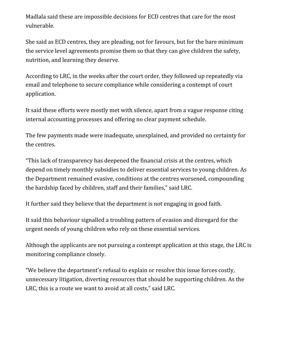 LRCSouthAfrica's tweet image. More than a month after the court order, KZN Education still withholds ECD subsidies. Sporadic payments leave centres short of food and salaries. We push for full compliance and prepare Part B for province wide reform so every child can access quality early learning @News24 #ECD