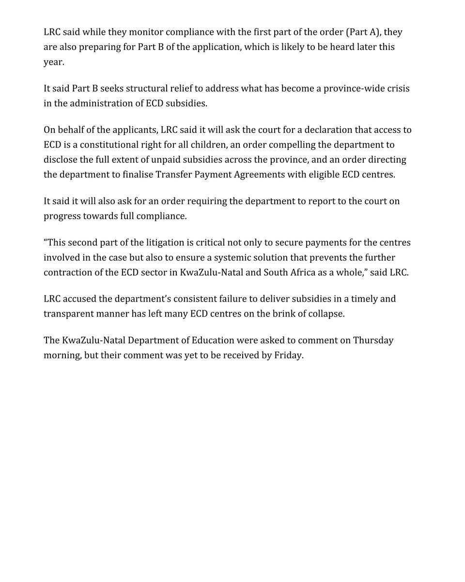 LRCSouthAfrica's tweet image. More than a month after the court order, KZN Education still withholds ECD subsidies. Sporadic payments leave centres short of food and salaries. We push for full compliance and prepare Part B for province wide reform so every child can access quality early learning @News24 #ECD