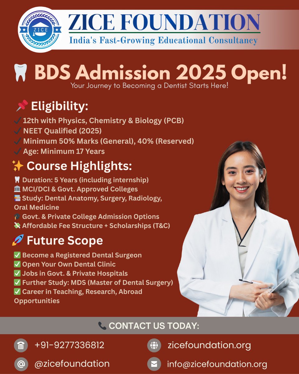 zicefoundation's tweet photo. 📣 Your BDS Journey Starts Here! 🦷 Admission Open 2025

📞 Call: +91-9277336812
🌐 Website: https://t.co/S17B8rXzGa
📩 Email: info@zicefoundation.org

#BDSAdmission2025 #ZICEFoundation #DentalCareer #NEET2025 #StudyDentistry #AdmissionOpen #FutureDentist https://t.co/pzHKvyjg04