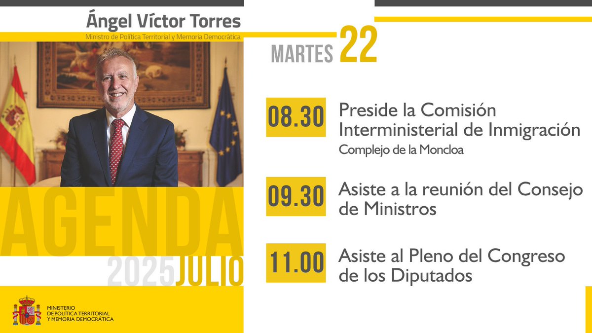 territorialgob's tweet image. 🗓️AGENDA. El ministro de Política Territorial y Memoria Democrática, @avtorresp, preside la Comisión Interministerial de Inmigración, asiste a la reunión del Consejo de Ministros y asiste al Pleno del Congreso de los Diputados.