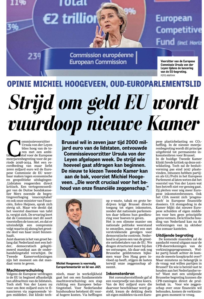 Koopkrachtplaatjes domineren straks het verkiezingsdebat. Maar cruciaal is: wie begrenst de Brusselse monsterbegroting van 2000 miljard vol verkapte belastingen? Nieuwe Tweede Kamer wordt cruciaal voor het behoud van onze financiële zeggenschap! 

Mijn opiniestuk in <a href="/telegraaf/">De Telegraaf</a> 👇🏻