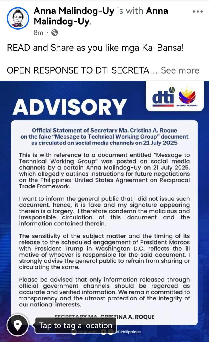 AnnaMalindogUy's tweet image. OPEN RESPONSE TO DTI SECRETARY MA. CRISTINA A. ROQUE:
Dear Secretary Roque,
I was both amused and intrigued upon reading your recent “Official Statement,” wherein you felt compelled to name me publicly—Anna Malindog-Uy—in connection with a document entitled “Message to the…