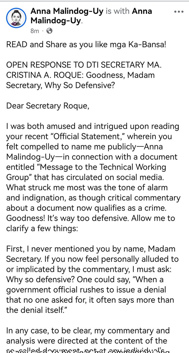 AnnaMalindogUy's tweet image. OPEN RESPONSE TO DTI SECRETARY MA. CRISTINA A. ROQUE:
Dear Secretary Roque,
I was both amused and intrigued upon reading your recent “Official Statement,” wherein you felt compelled to name me publicly—Anna Malindog-Uy—in connection with a document entitled “Message to the…