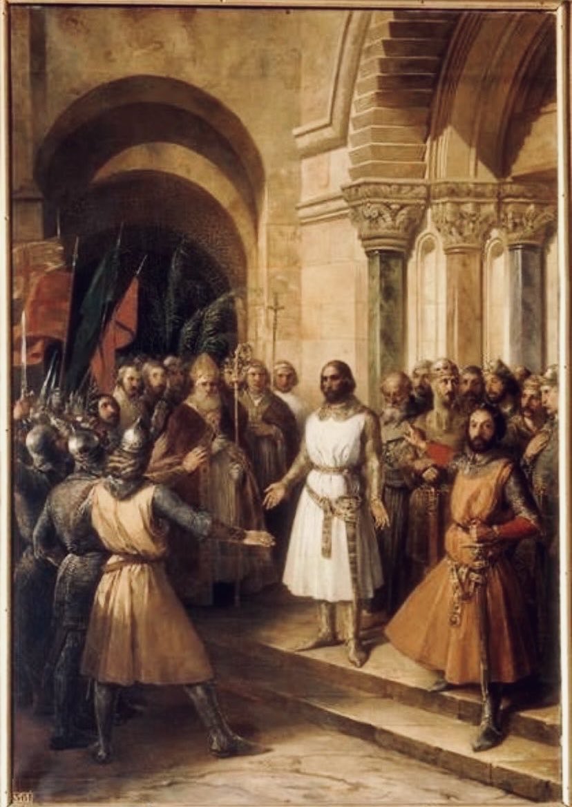 SaintMontjoie's tweet image. 22 juillet 1099, Godefroy de Bouillon devient Avoué du Saint-Sépulcre. Il refuse le titre de Roi de Jérusalem, considérant que la ville sainte est la propriété du Christ.