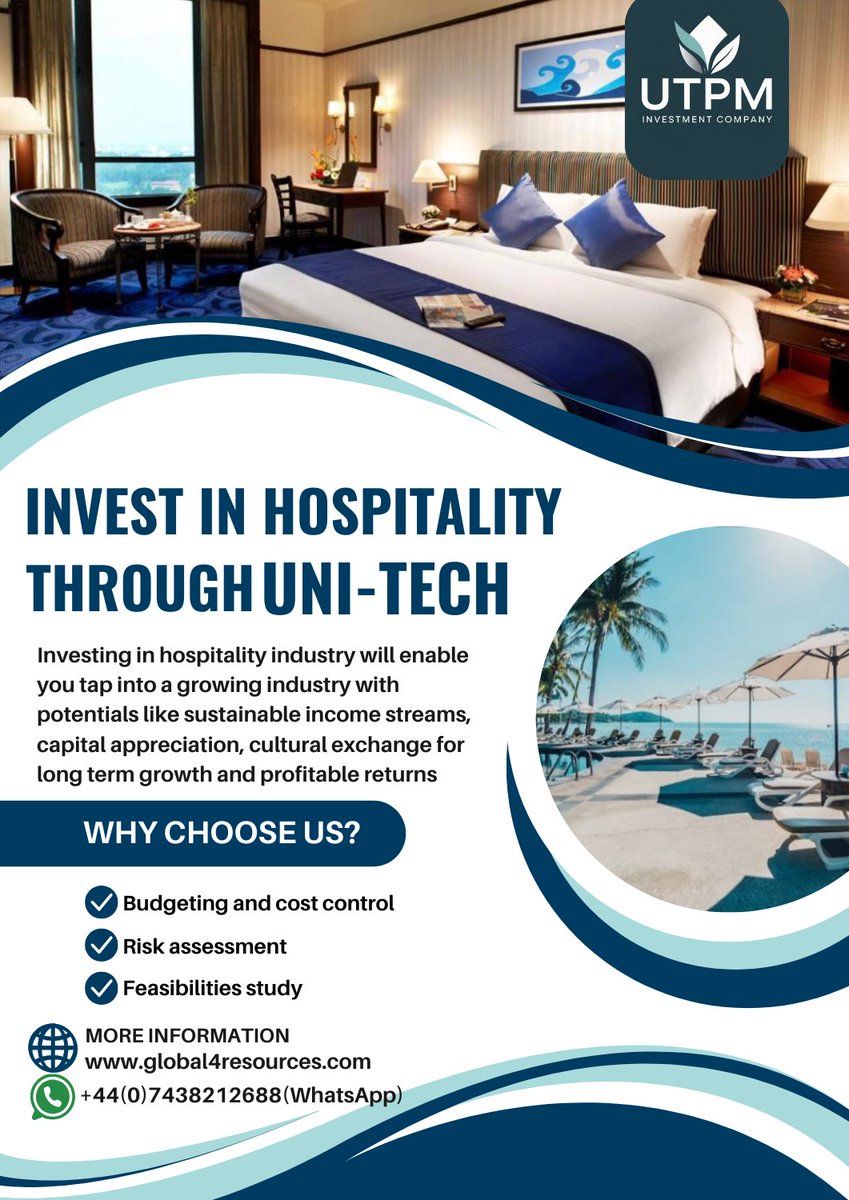 uni_techproject's tweet image. Nigeria’s hospitality sector is growing fast!Now’s the time to invest and tap into tourism’s rising demand. Let your money grow where people come to relax.
Contact us
+44(0)7438212688
global4resources.com
#InvestInHospitality #NaijaInvestors #BusinessInNigeria #SmartInvestment