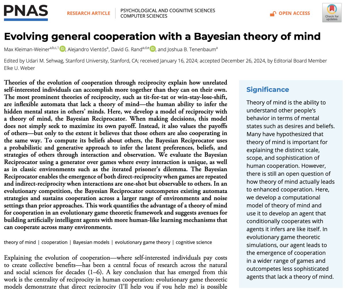 maxhkw's tweet image. Our new paper is out in PNAS: "Evolving general cooperation with a Bayesian theory of mind"!
Humans are the ultimate cooperators. We coordinate on a scale and scope no other species (nor AI) can match. What makes this possible? 🧵