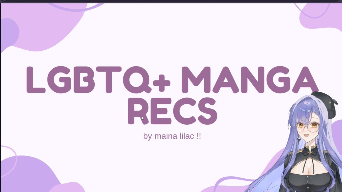 MainaLilac's tweet image. hi everyone !!
tomorrow (july 22 7:30pm-ish PDT) i'll have a manga discussion stream !! made a presentation on some lgbtq+ series i love, and it'll be super chill and fun overall to yap about our fave manga together :')
see you guys there !! π«Ά
twitch.tv/mainalilac