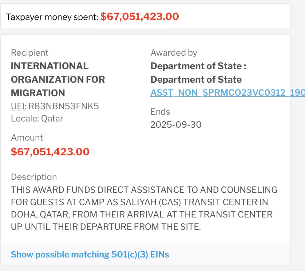 JamesHartline's tweet image. Very High Priority DOGE Police Blotter: What is this?
INTERNATIONAL ORGANIZATION FOR MIGRATION
Qatar
$67,051,423
Department of State
THIS AWARD FUNDS DIRECT ASSISTANCE TO AND COUNSELING FOR GUESTS AT CAMP AS SALIYAH (CAS) TRANSIT CENTER IN DOHA, QATAR, FROM THEIR ARRIVAL AT THE…