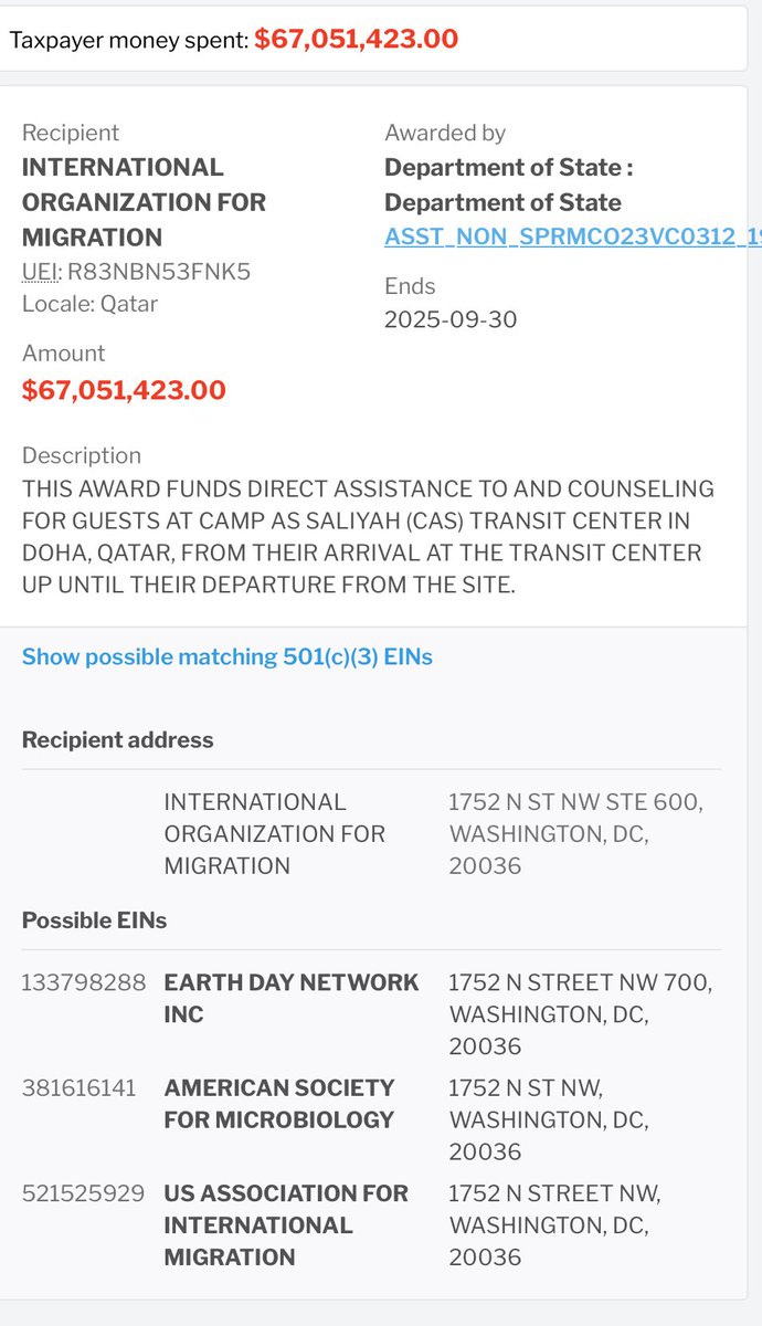JamesHartline's tweet image. Very High Priority DOGE Police Blotter: What is this?
INTERNATIONAL ORGANIZATION FOR MIGRATION
Qatar
$67,051,423
Department of State
THIS AWARD FUNDS DIRECT ASSISTANCE TO AND COUNSELING FOR GUESTS AT CAMP AS SALIYAH (CAS) TRANSIT CENTER IN DOHA, QATAR, FROM THEIR ARRIVAL AT THE…