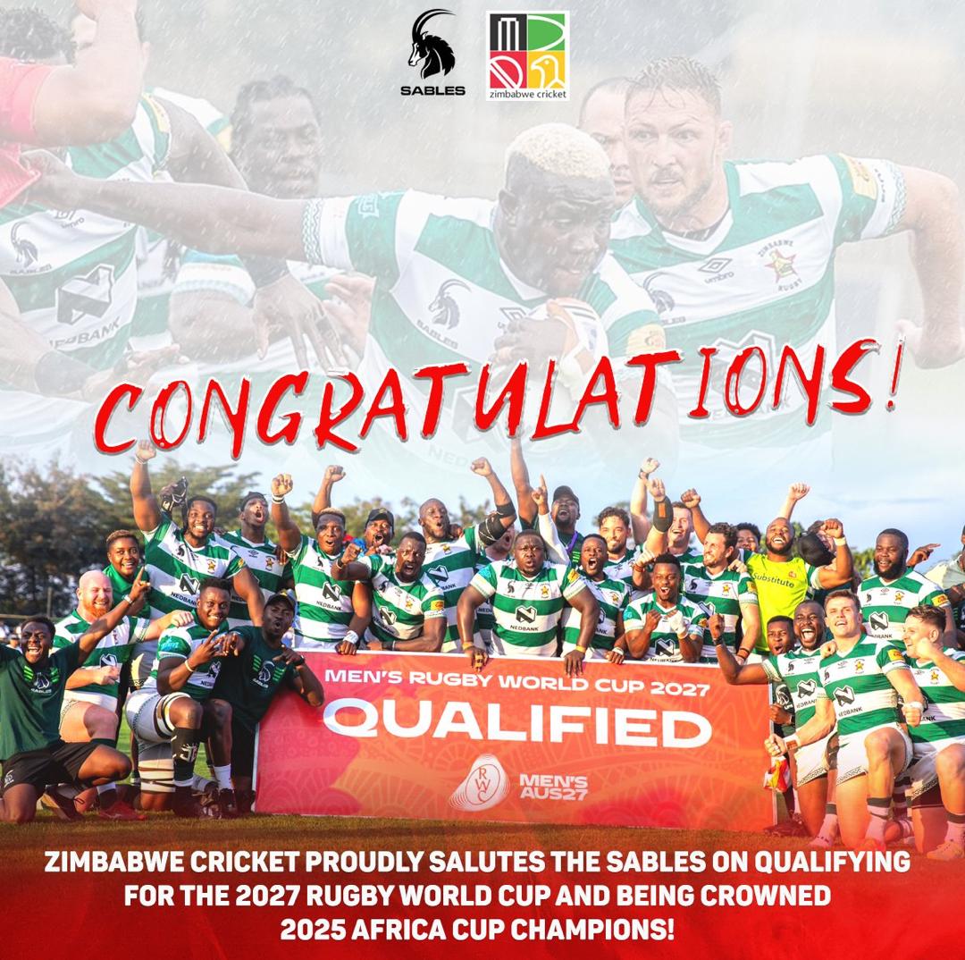 ZimbabweSrc's tweet image. SALUTING THE SABLES!
Zimbabwe Cricket celebrates the Sables' sensational Rugby Africa Cup win and World Cup qualification.
@ZimCricketv @ZimRugbyUnion @SablesRugbyZW @MinSport_ArtsZw