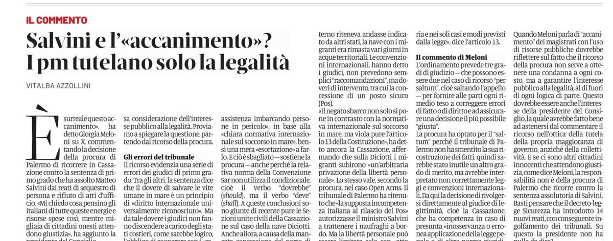 vitalbaa's tweet image. "Accanimento" - come l'ha definito Giorgia Meloni - il ricorso in Cassazione da parte della procura di Palermo contro la sentenza che ha assolto Salvini nel caso Open Arms?
No, tutela della legalità nell'interesse dei cittadini, al di là di qualunque parte politica. Ciò cui…