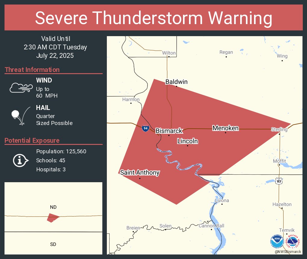 NWSBismarck's tweet image. Severe Thunderstorm Warning including Bismarck ND, Mandan ND and Lincoln ND until 2:30 AM CDT