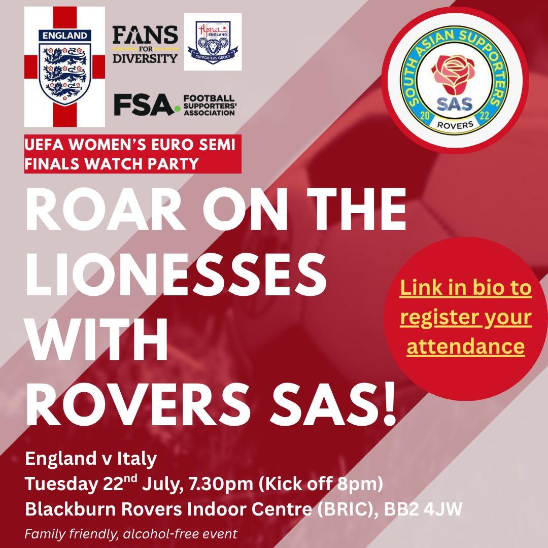 ApnaEngland's tweet image. It’s game night! SAS Rovers are hosting a packed-out @ApnaEngland watch party in Blackburn for the @Lionesses' huge Euro 2025 semi-final clash vs Italy! 💥⚽️🖥🏴
Fully booked & ready for another thriller-let’s go, Lionesses! #ENGvITA #Lionesses #EURO2025 #FansForDiversity