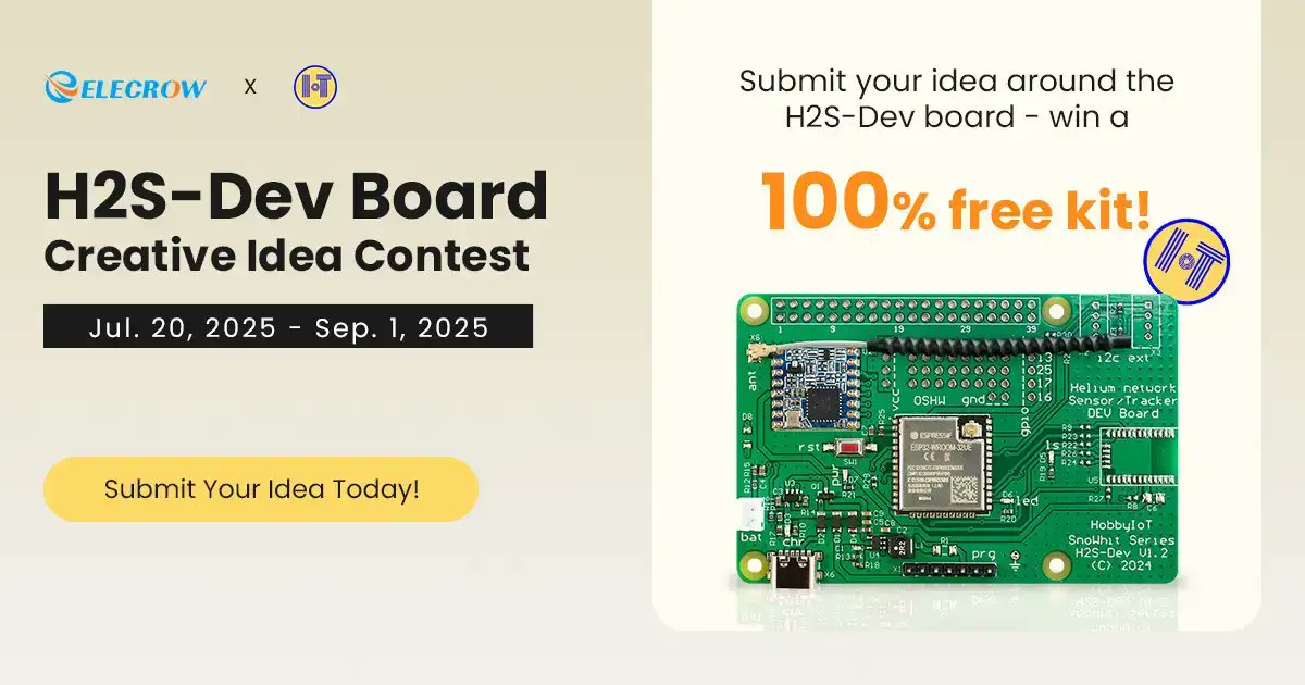 Elecrow1's tweet photo. 📢 Notice: The H2S-Dev Board Creative Idea Contest is LIVE!
Jointly hosted by #Elecrow Project Community & @HobbyIoT (the creators of H2S-Dev) 👋🏻

🧠 What is the H2S-Dev Board?
✅Out-of-the-box: Open-source hardware, Arduino-compatible, LoRaWAN / Helium-ready
✅ All-in-one: #ESP32 + #LoRa radio, Wi-Fi, BLE, plenty of GPIO, on-board prototyping area.

🚀 How to join?
Enter either a wild concept sketch or a working prototype—both must feature at least one H2S-Dev board to qualify.

📅 Timeline
Submissions open: 20 Jul – 1 Sep 2025
Winners revealed: 16 Sep 2025
Prizes: the top 3 winners each score a 100 % free H2S-Dev kit.

🎯 Submit Your Idea Today! #H2SDevContest 👇
https://t.co/6eyTKM5KLP