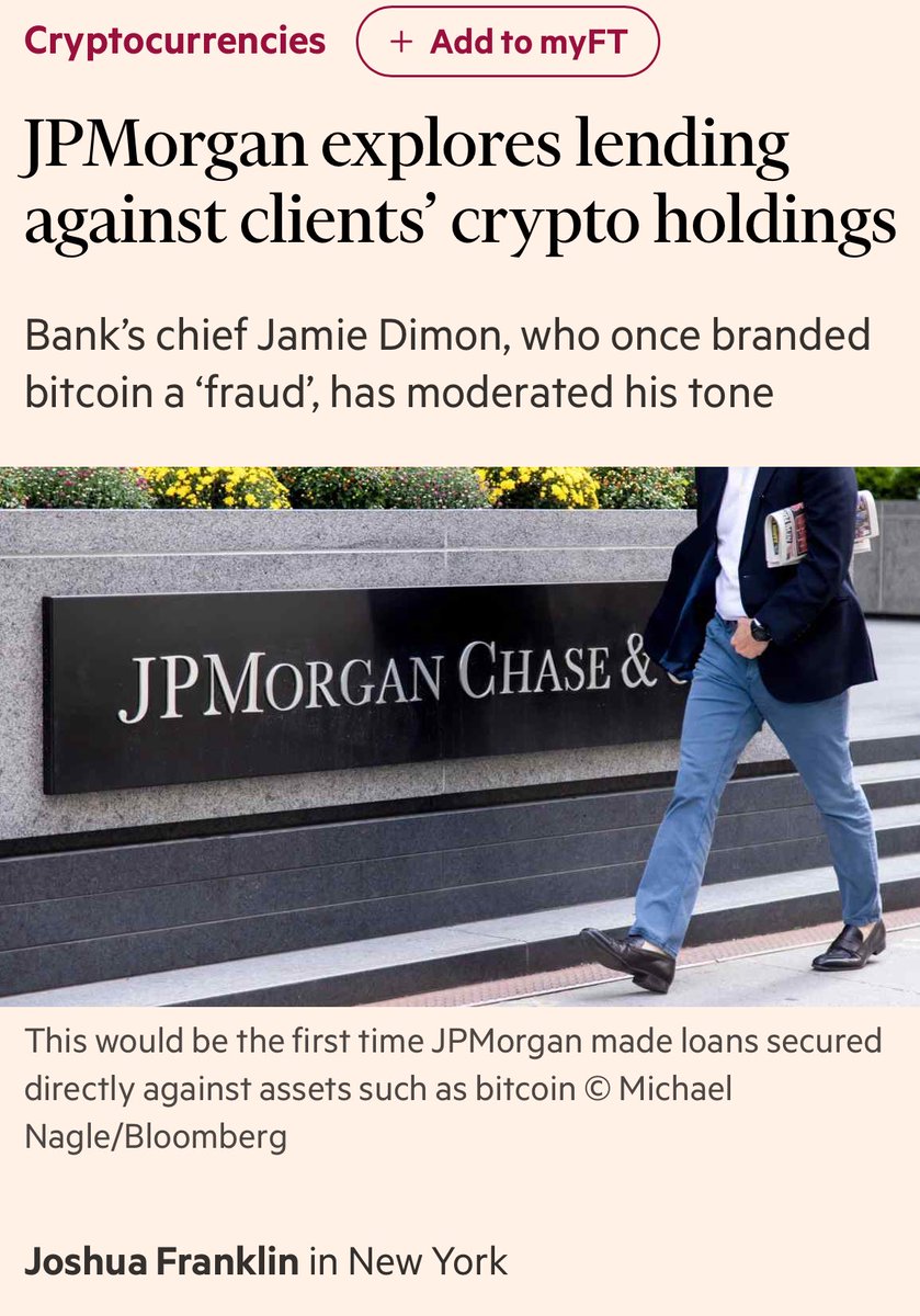 PiusSprenger's tweet image. 🚨“IF YOU CAN’T BEAT THEM, JOIN THEM!”

I remember vividly how Jamie Dimon kept trashing Bitcoin.
Now he wants to lend against $BTC.

Wall Street isn’t fighting Bitcoin anymore — they want to profit from it.

Source: @FT
