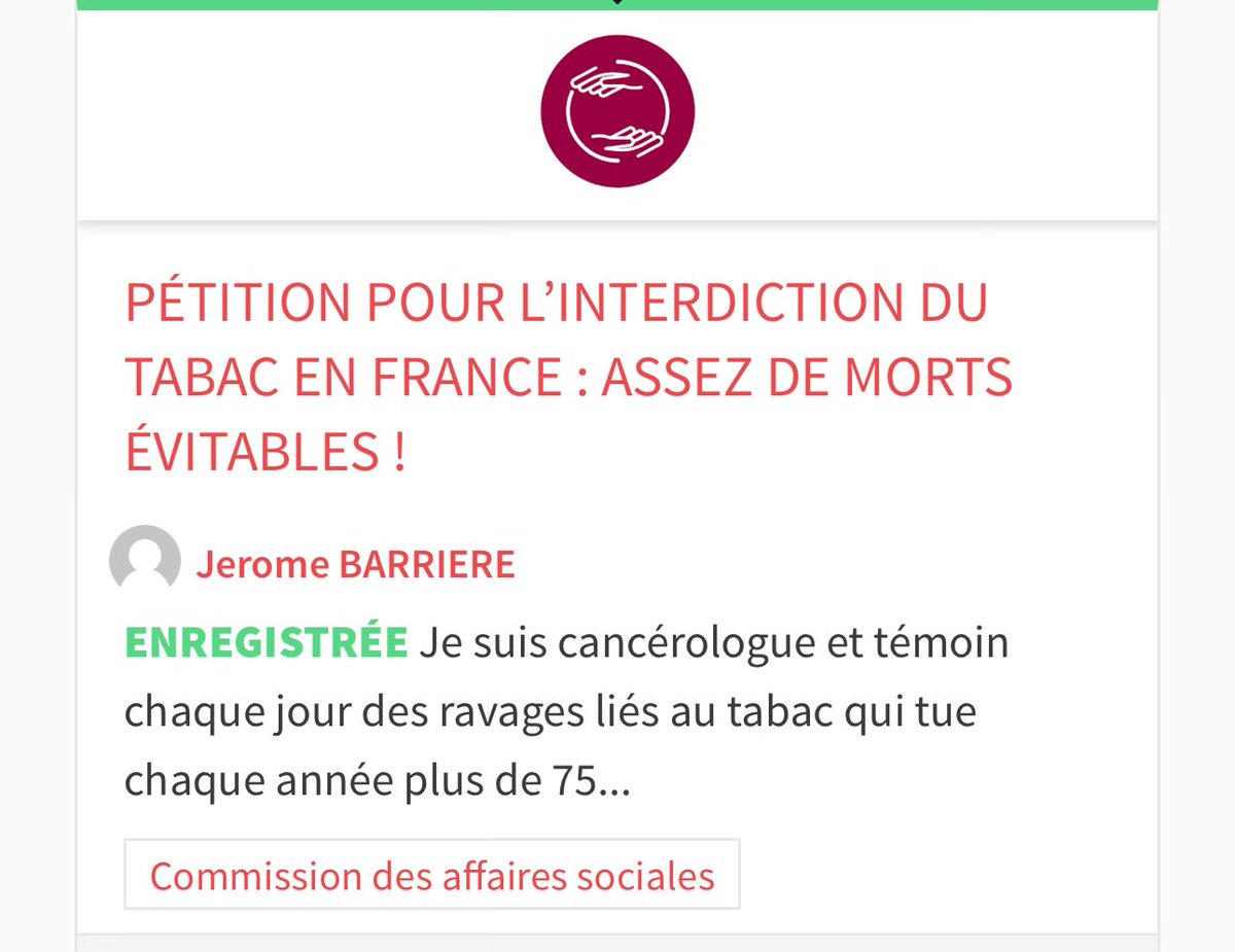 🗣️PÉTITION POUR L’INTERDICTION DU TABAC EN FRANCE : ASSEZ DE MORTS ÉVITABLES !
 
Je suis cancérologue et témoin chaque jour des ravages liés au tabac qui tue chaque année plus de 75 000 personnes en France (l’équivalent de la ville de Cannes, Pau ou encore Ajaccio). 
👉Cela