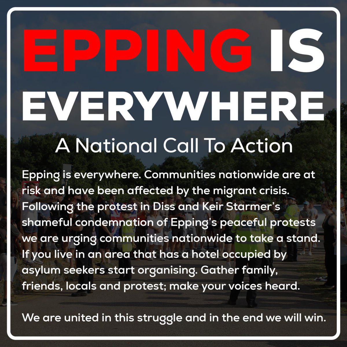 Cal_III's tweet image. Call for peaceful protest.
Epping is everywhere. Communities nationwide are at risk and have been affected by the migrant crisis. Following the protest in Diss and Keir Starmer’s shameful condemnation of Epping’s peaceful protests we are urging communities nationwide to take a…