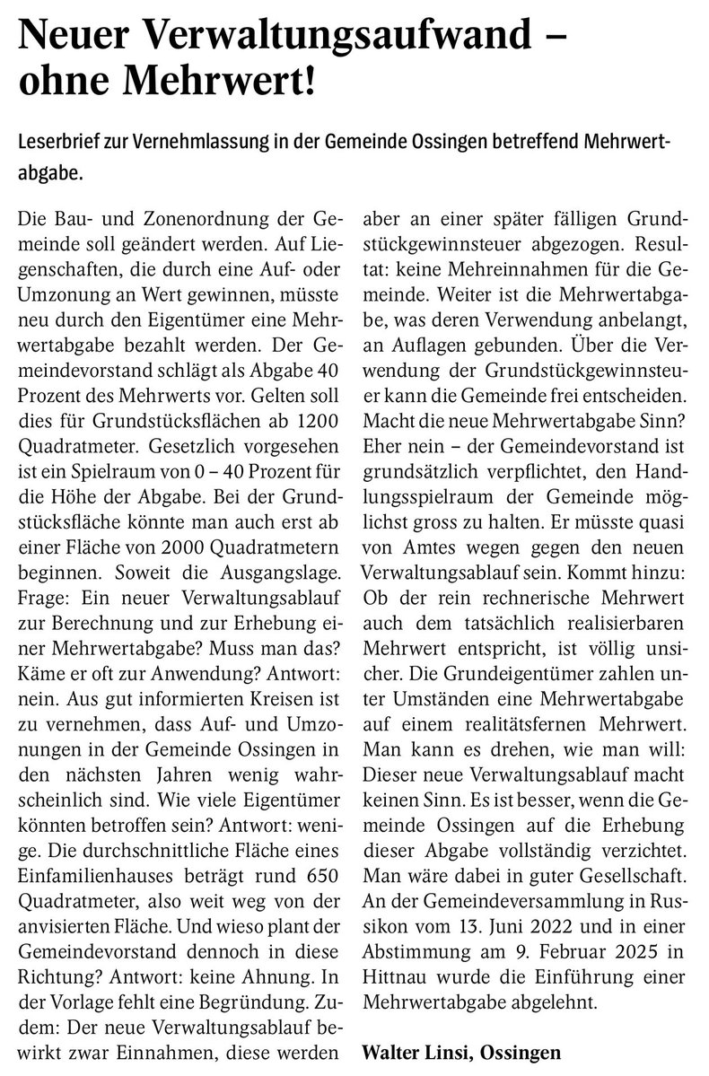 HEVWinterthur's tweet image. Leserbrief in der Andelfinger Zeitung von Walter Linsi zur Mehrwertabgabe in Ossingen. Weitere Informationen: hev-winterthur.ch/artikel/mehrwe…

#hev #hauseigentümerverband #hauseigentum #wohneigentum #mehrwertausgleich #mag