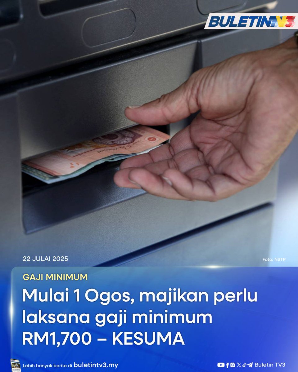 GAJI MINIMUM | Pelaksanaan sepenuhnya Perintah Gaji Minimum (PGM) 2024 sebanyak RM1,700 sebulan berkuat kuasa mulai 1 Ogos ini kepada semua majikan di seluruh negara tanpa mengira bilangan pekerja yang digajikan.

#BuletinTV3 #BeritaTerkini #GajiMinimum #KESUMA