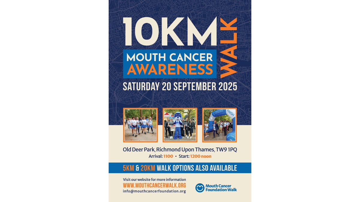 MouthCancerMCF's tweet image. We have some walk posters for Dental Practices to put up and encourage people to join the Mouth Cancer Awareness Walks at Old Deer Park in Richmond on Saturday, 20 September. Let’s step up, spread awareness, and make every kilometre count!
#MouthCancerWalk