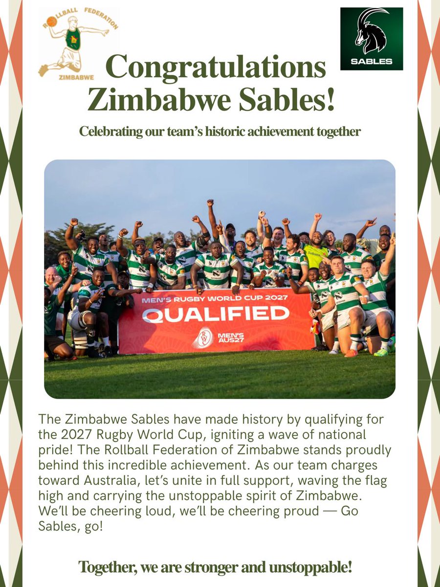 ZimbabweSrc's tweet image. SALUTING THE SABLES!
The Rollball Federation of Zimbabwe celebrates the Sables' sensational Rugby Africa Cup win and World Cup qualification.
@ZimRugbyUnion @SablesRugbyZW @MinSport_ArtsZw