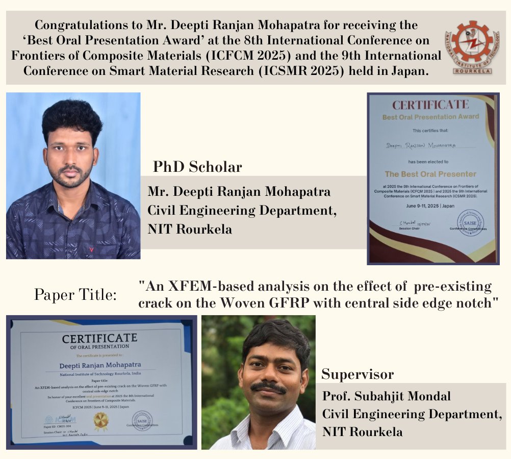 NIT Rourkela 🇮🇳 (@nitrourkela) on Twitter photo Congratulations to Mr. Deepti Ranjan Mohapatra for receiving the 'Best Oral Presentation Award' at the 8th International Conference on Frontiers of Composite Materials (ICFCM 2025) and the 9th International Conference on Smart Material Research (ICSMR 2025) held in Japan.
Deepti Congratulations to Mr. Deepti Ranjan Mohapatra for receiving the 'Best Oral Presentation Award' at the 8th International Conference on Frontiers of Composite Materials (ICFCM 2025) and the 9th International Conference on Smart Material Research (ICSMR 2025) held in Japan.
Deepti