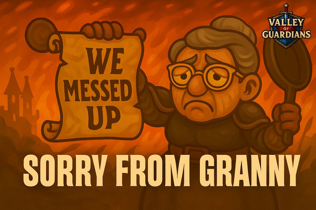 PlayVoG's tweet image. The Valley’s stable again (kinda). 🛠️
We fixed the big issues, but bugs might still sneak in, blame the goblins!
✅ Attacks restored
✅ Damage Leaderboard reset
✅ Data safe
🎁 3,000 GC Social Quest live now!
Sorry for the chaos, we’re back on track. 💪
valleyofguardians.xyz