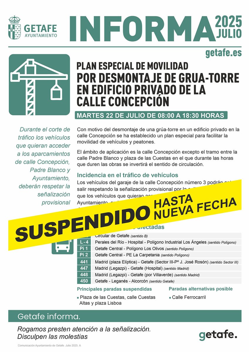 aytogetafe's tweet image. ‼️ El corte de la calle Concepción previsto para hoy martes 22 de julio queda suspendido hasta nueva fecha.