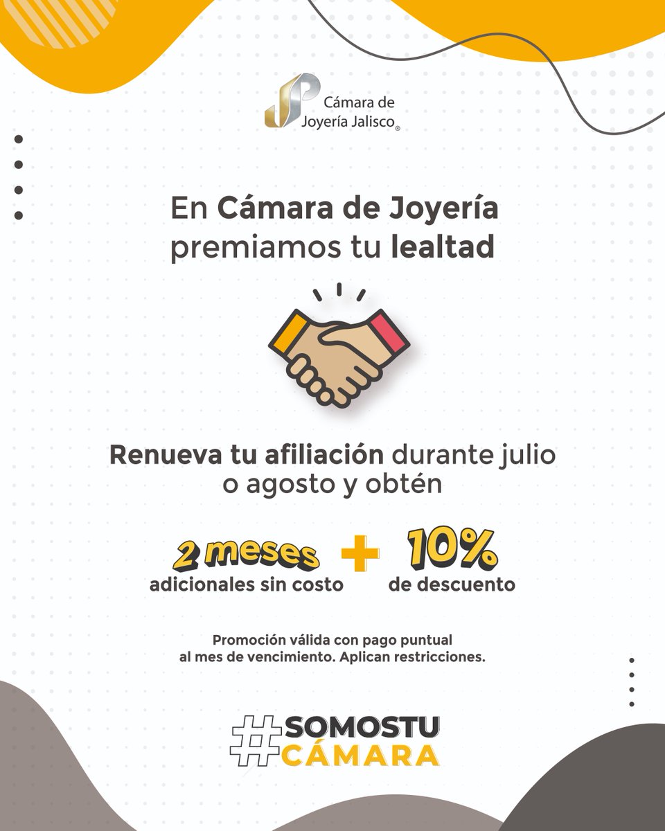 ¡Tu lealtad vale más en Cámara de Joyería!

Renueva tu afiliación durante julio o agosto y recibe:

 2 meses adicionales SIN COSTO
 10% de descuento

🎯 Solo aplica con pago puntual al mes de vencimiento.
¡Aprovecha esta oportunidad exclusiva para seguir creciendo con nosotros!
