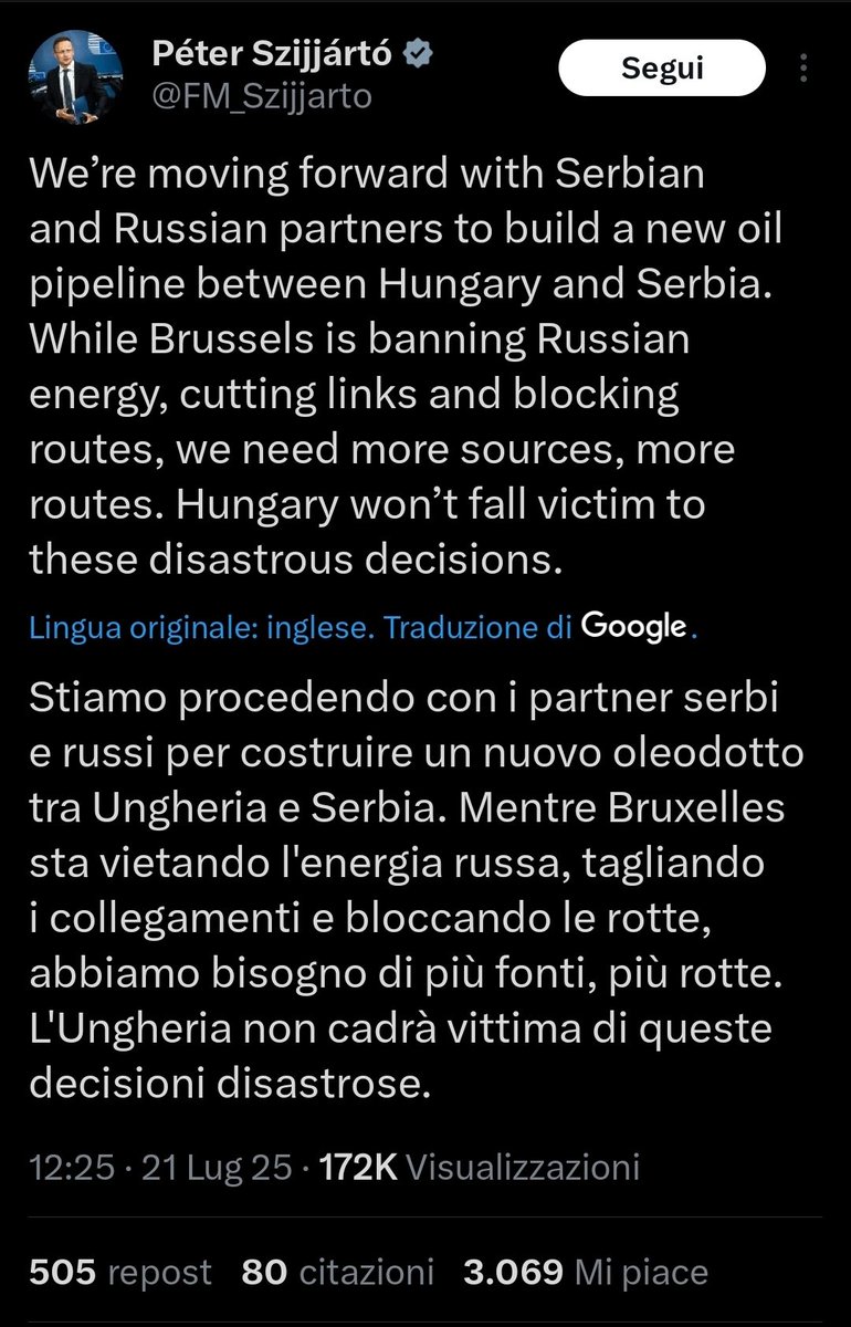 CesareSacchetti's tweet image. Intanto l'Ungheria ha in programma la costruzione di un oleodotto che passi dalla Serbia all'Ungheria fino a giungere in Russia. L'Ungheria è nell'UE, ma ciò nonostante fa i suoi interessi nazionali. Non decide di distruggere il proprio Paese soltanto perché glielo "chiede…