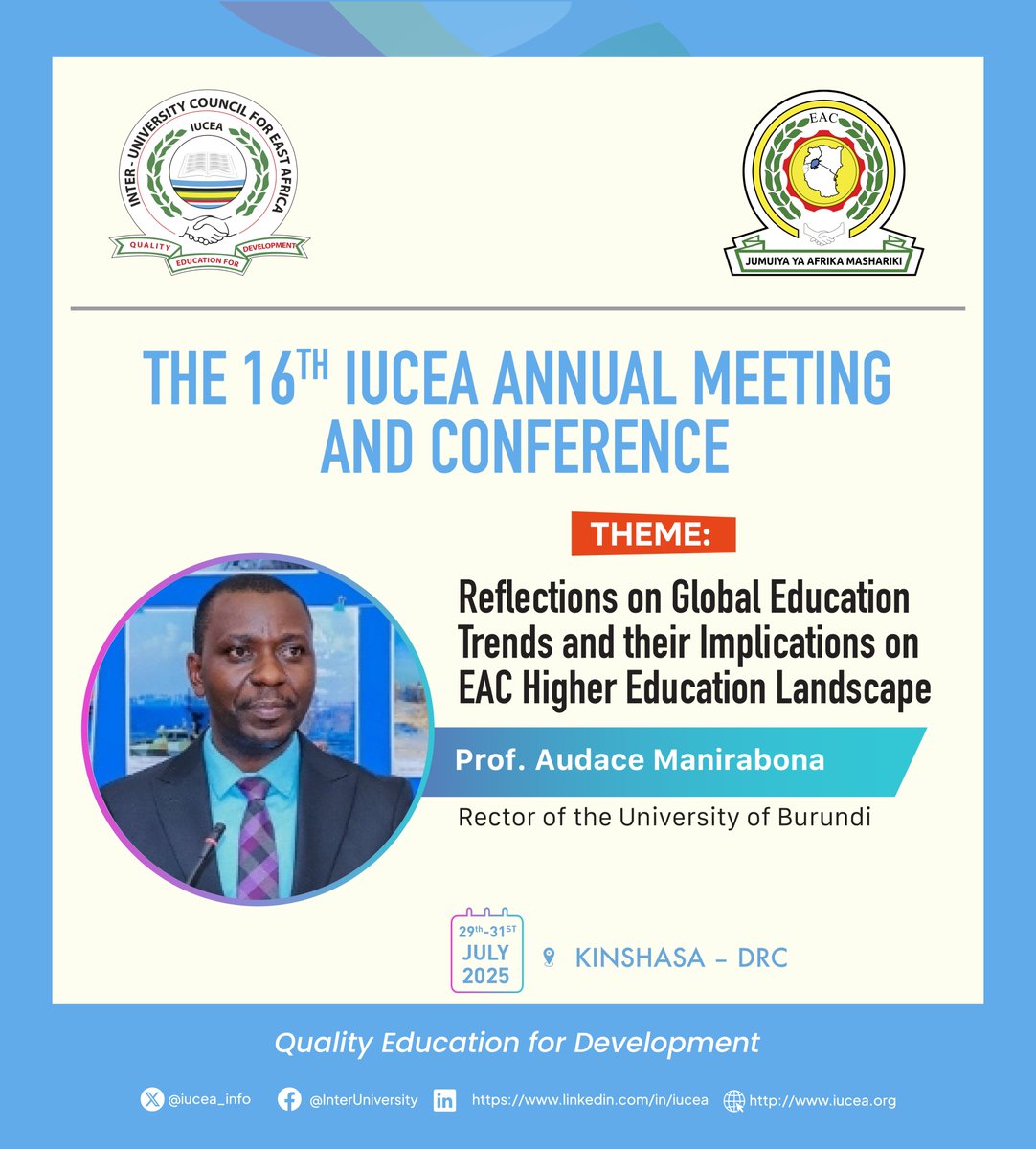 iucea_info's tweet image. Prof. Manirabona, the Rector of the University of Burundi, is scheduled to speak @iucea_info Annual Meeting and Conference, which will take place from July 29 to 31, 2025, in Kinshasa. Prof. Manirabona specializes in the design of computer systems and mobile applications.