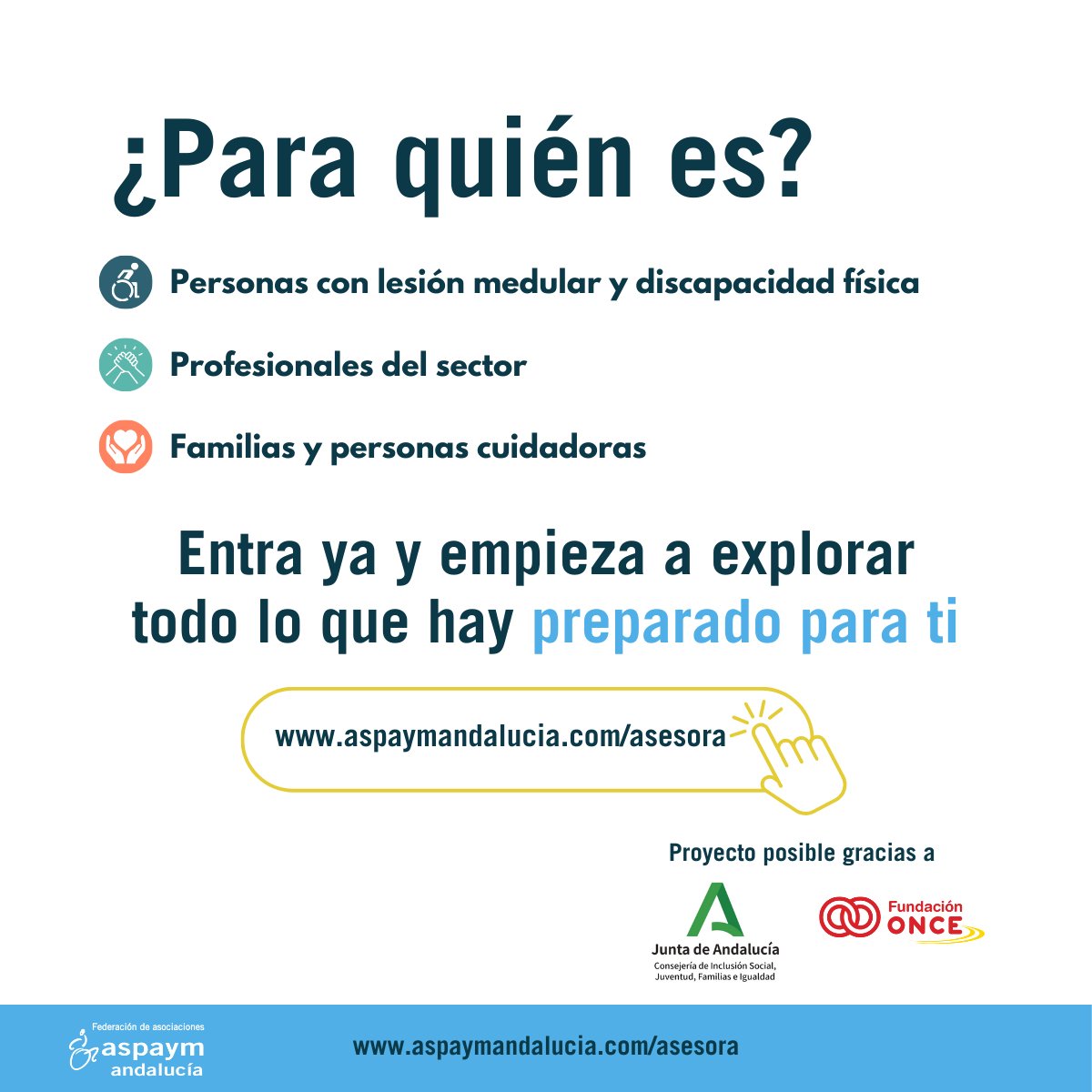 Aspaym Granada (@aspaymgranada) on Twitter photo Ya puedes entrar en #ASPAYMAsesora, una nueva web con recursos, ayudas, orientación y espacio comunitario para personas con lesión medular y otras discapacidades físicas📲aspaymandalucia.com/asesora
Un proyecto de @aspaymandalucia posible gracias a <a href="/IgualdadAND/">Inclusión Social, Juventud, Familias e Igualdad</a> y <a href="/Fundacion_ONCE/">Fundación ONCE</a> Ya puedes entrar en #ASPAYMAsesora, una nueva web con recursos, ayudas, orientación y espacio comunitario para personas con lesión medular y otras discapacidades físicas📲aspaymandalucia.com/asesora
Un proyecto de @aspaymandalucia posible gracias a <a href="/IgualdadAND/">Inclusión Social, Juventud, Familias e Igualdad</a> y <a href="/Fundacion_ONCE/">Fundación ONCE</a>