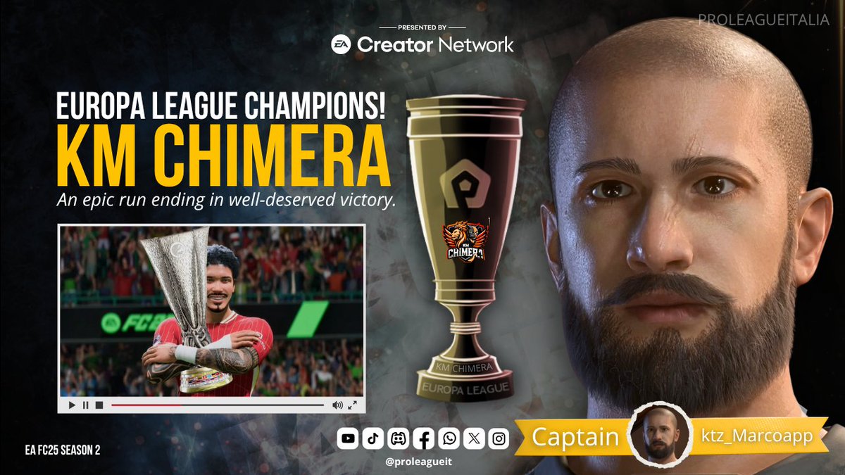 proleagueit's tweet photo. 🏆 EUROPE IS YOURS! @KMChimera 

Congratulations to the champions of the Europa League by @proleaguede 

A season to remember, crowned with European triumph.

🔥 You proved who rules the pitch.

#ProLeagueItalia  #EuropaLeague #FC25 #FC26