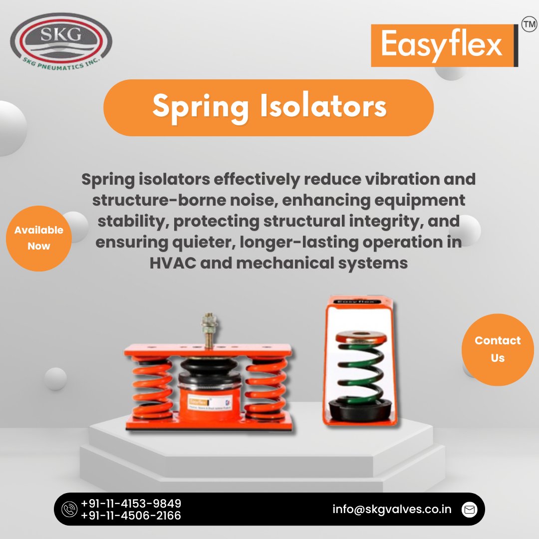SKG_Pneumatics's tweet image. Reduce vibration and noise with Easyflex Spring Isolators – now available via SKG Pneumatics.
Ideal for HVAC, AHUs, fans, and pumps.
#VibrationControl #HVACIndia #Easyflex #SpringIsolator #NoiseReduction #MEPsolutions