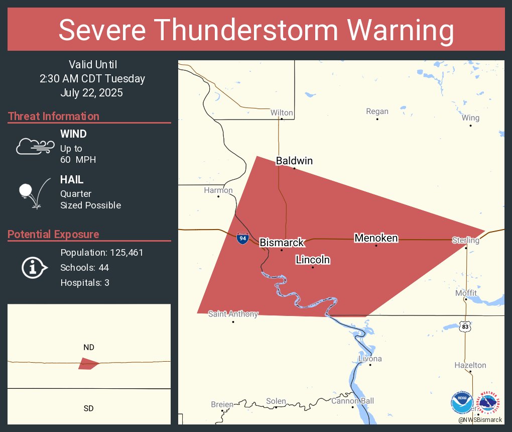 NWSBismarck's tweet image. Severe Thunderstorm Warning continues for Bismarck ND, Mandan ND and Lincoln ND until 2:30 AM CDT