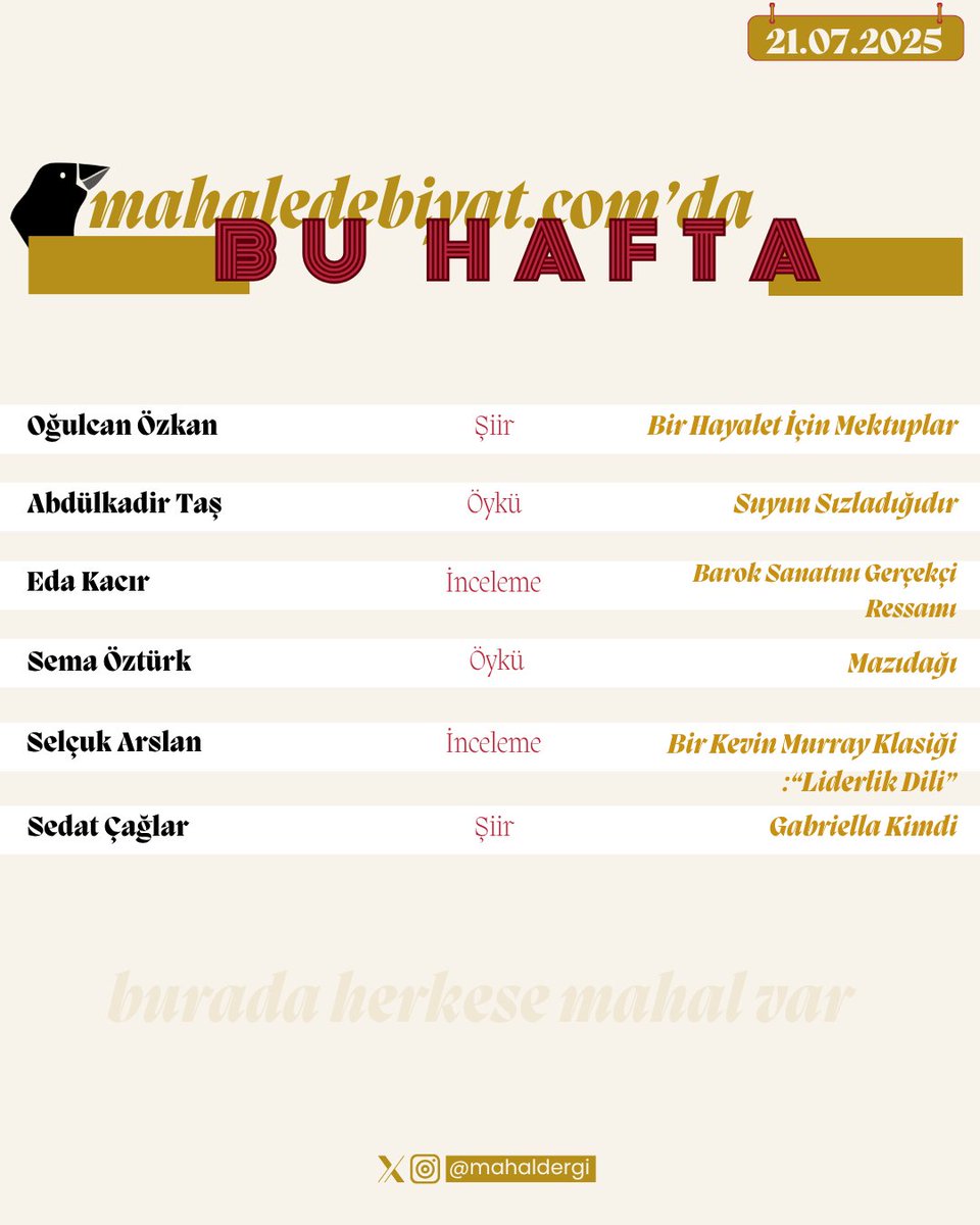 ⚪Mahal Edebiyat'ta bu hafta!           

📷Bütün eserler titizlikle değerlendirilmektedir. 

⚠️Değerlendirme süresi 7-30 gündür.

#mahaledebiyat #öykü #şiir #deneme #inceleme #röportaj #yenisayı